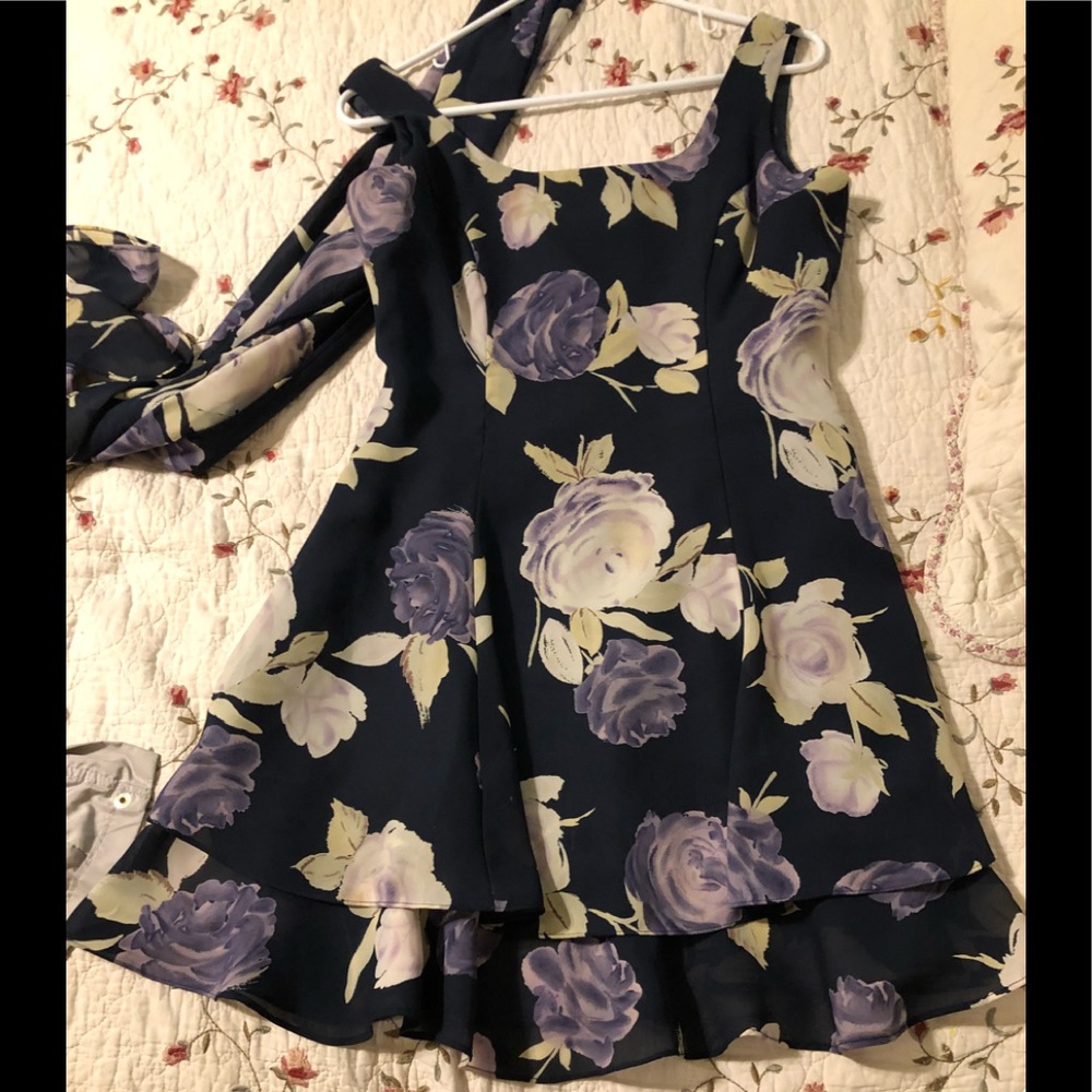 Navy Blue w Violet Floral Print Matching Scarf